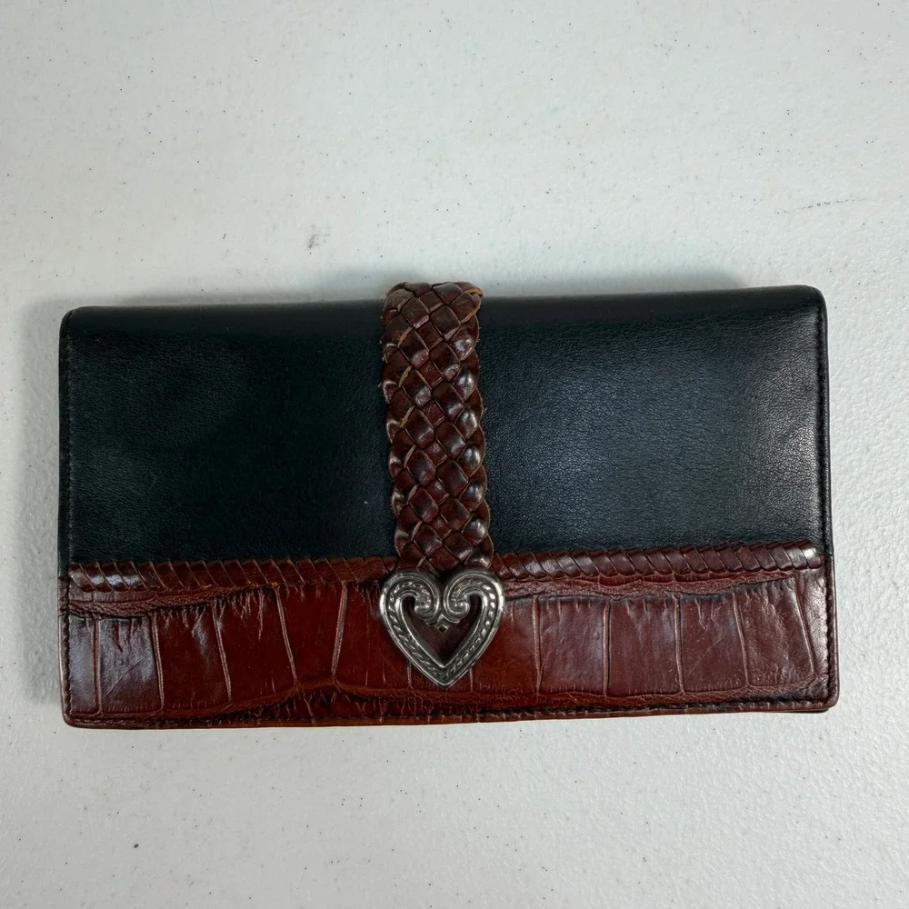 Brighton‎ OS Wallet Tri-Fold Western Heart Braided Croc Leather Black Brown Vtg